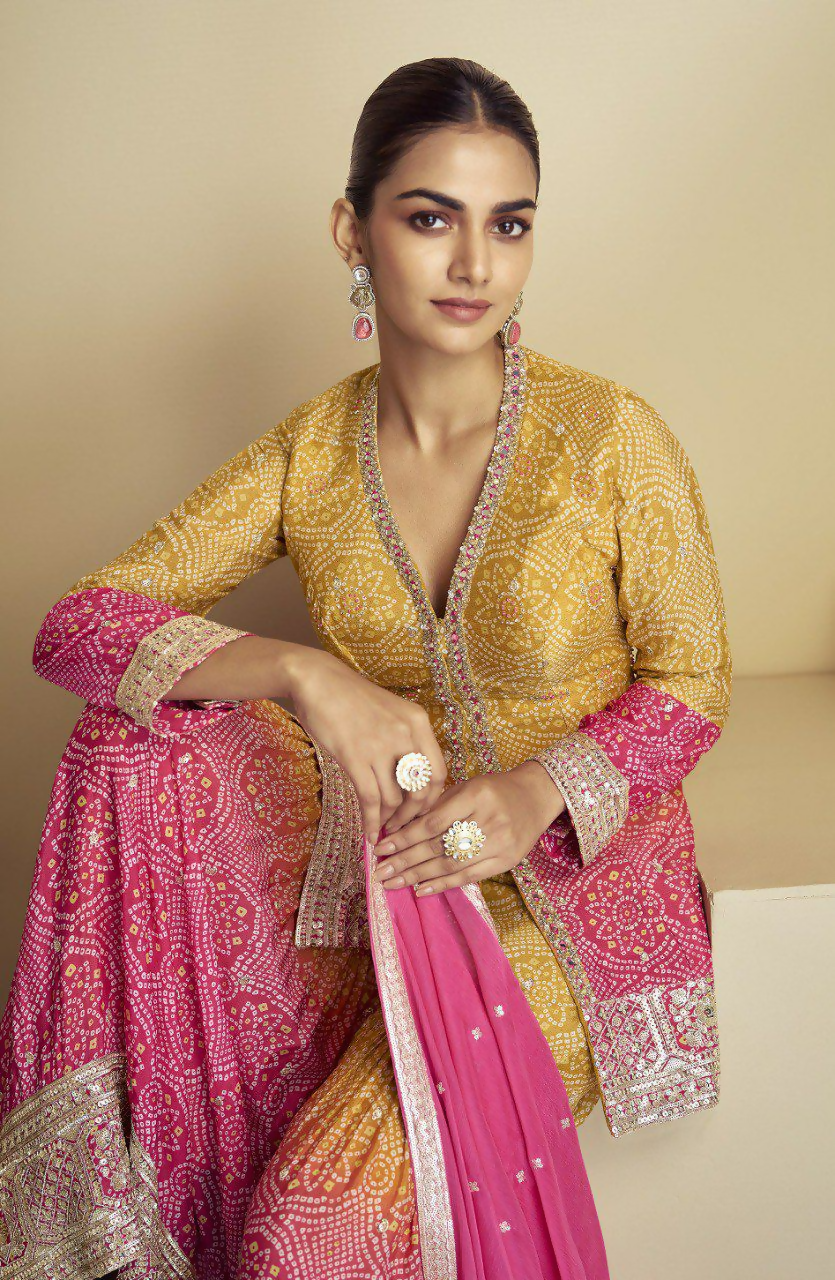 Lorenvalley Fashion Yellow and Pink Chinon Embroidery With Sequince Work Salwar Kameez Stitched