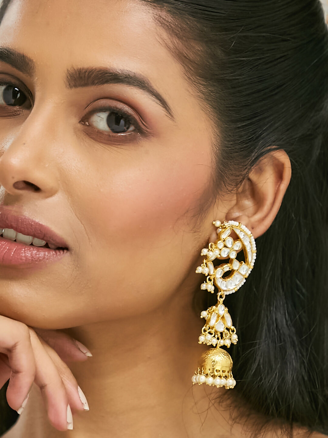 Nuyug 22K Gold-Plated Elegant Kundan Stone Studded & Pearl Drops Mini Jhumki Dangler Earrings - Distacart