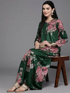 Ahalyaa Women Floral Printed Velvet Tunic with Palazzos - Green Color