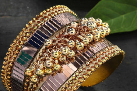 Mominos Fashion Kamal Johar Oxidised Gold-Polished Ghungroo Handcraft Cuff Bracelet