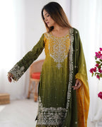 The52 Women's Beautiful Chinon silk Fabric Embroidery Work Straight Kurta Palazzo and Dupatta Set - Distacart
