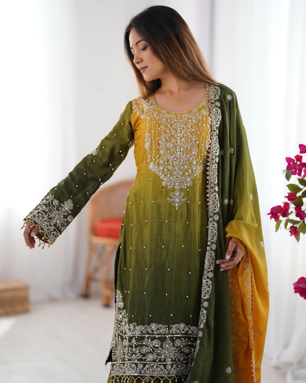 The52 Women's Beautiful Chinon silk Fabric Embroidery Work Straight Kurta Palazzo and Dupatta Set - Distacart