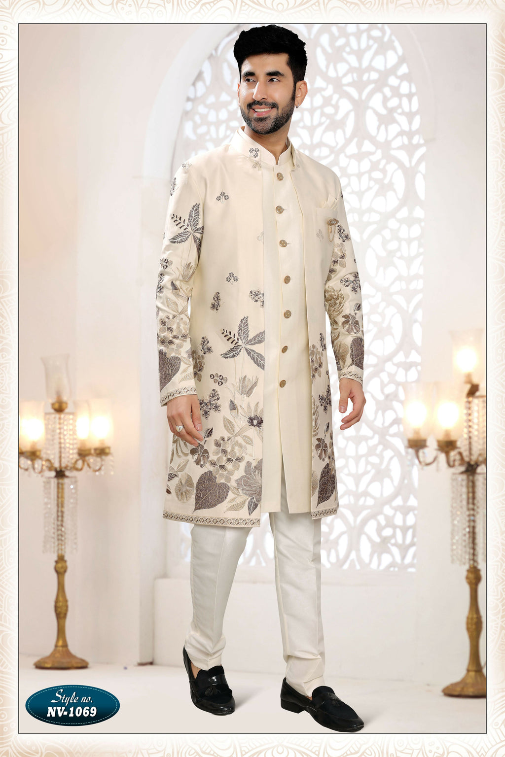 Joban Fashion Men's Cream Straight Malai Silk Thread And Sequence Embroidery All Over 3 Pc Kurta Set