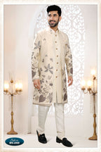 Joban Fashion Men's Cream Straight Malai Silk Thread And Sequence Embroidery All Over 3 Pc Kurta Set