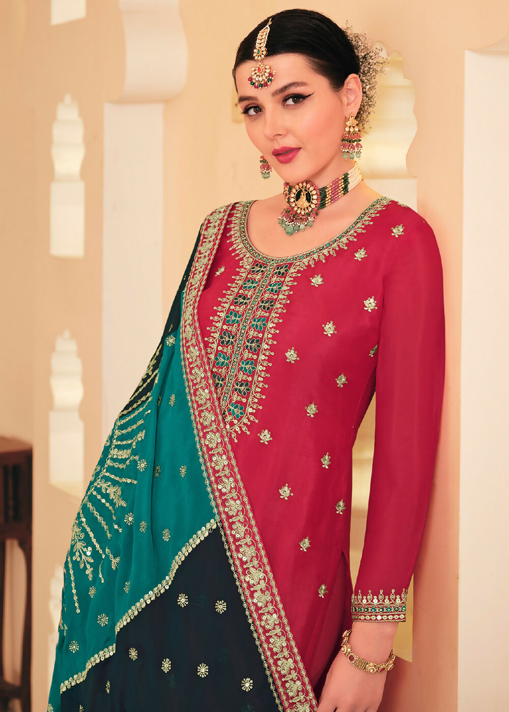 Dazzling Red Embroidered Chinnon Palazzo Salwar Kurta - Emponline