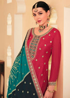 Dazzling Red Embroidered Chinnon Palazzo Salwar Kurta - Emponline