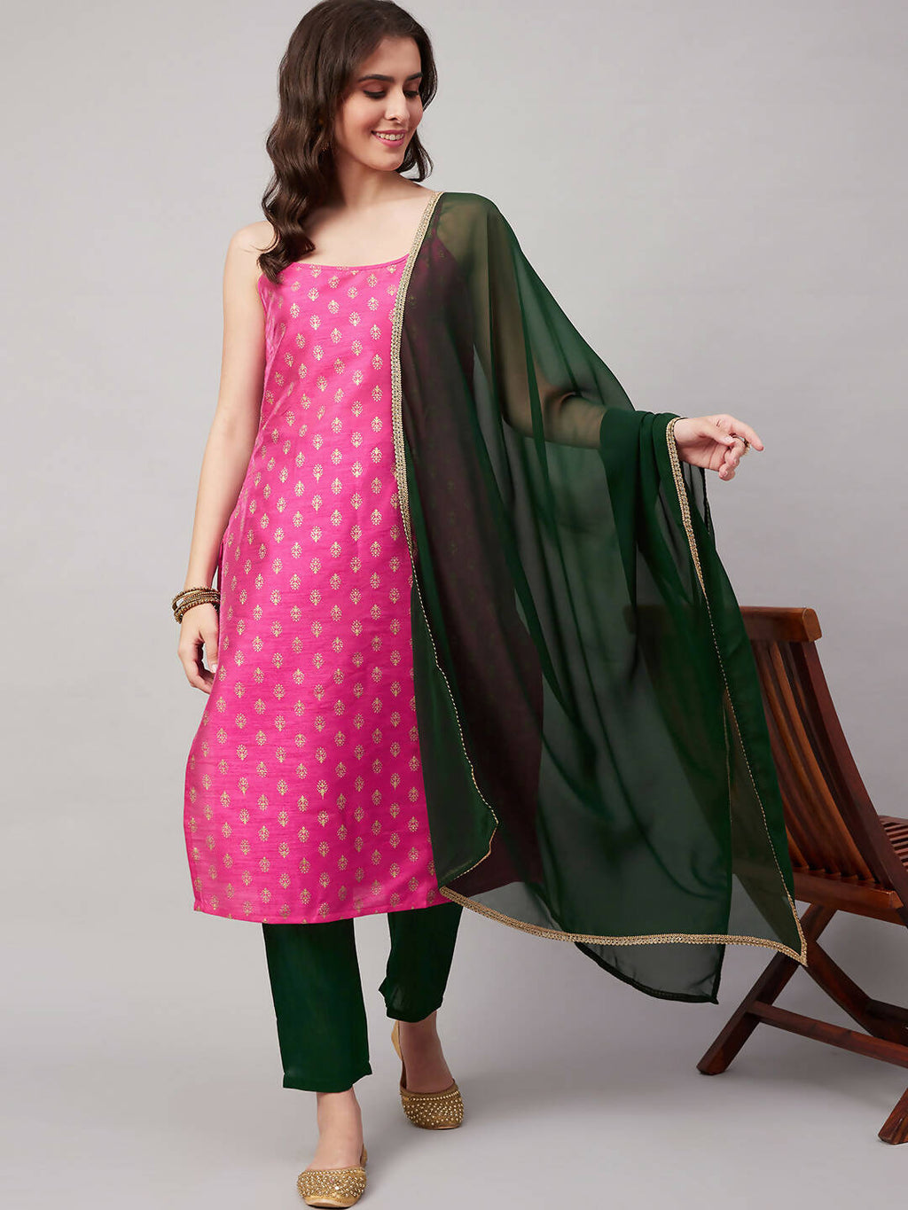 Magenta Pink and Green Polyester Printed Kurta with Trousers & Dupatta - Vishwa