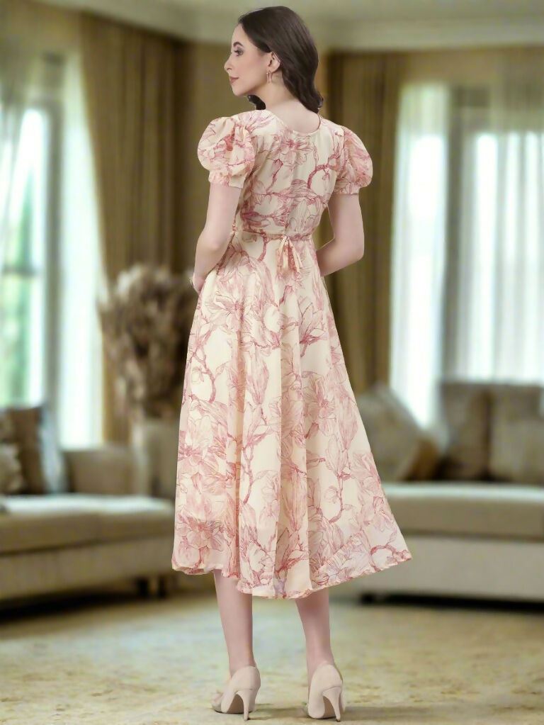 Souchii Cream & Red Floral Printed Fit & Flare Dress