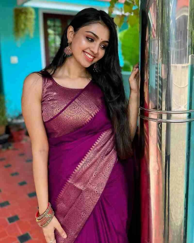 DEIANA'S Beautiful Designer Golden zari Soft Lichi Silk Saree - Wine