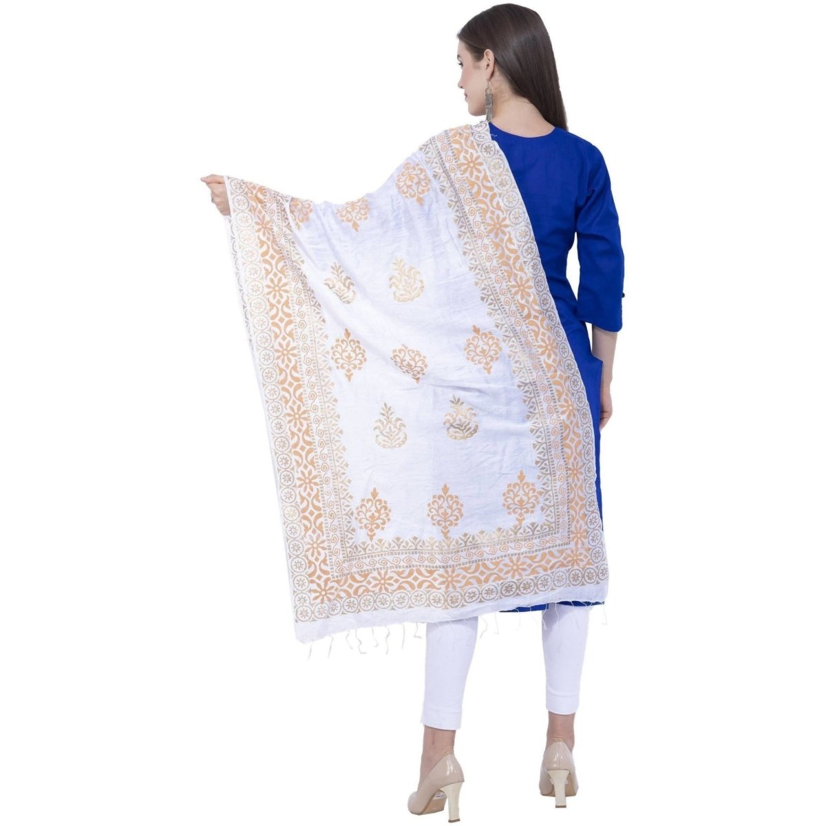 A R Silk Women's Gold Print Silk White Dupattas and Chunnis