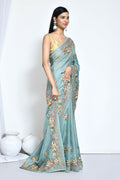 Blue Net Organza Silk Thread Emboidered with Stone Work Saree - Nimaya Benzy
