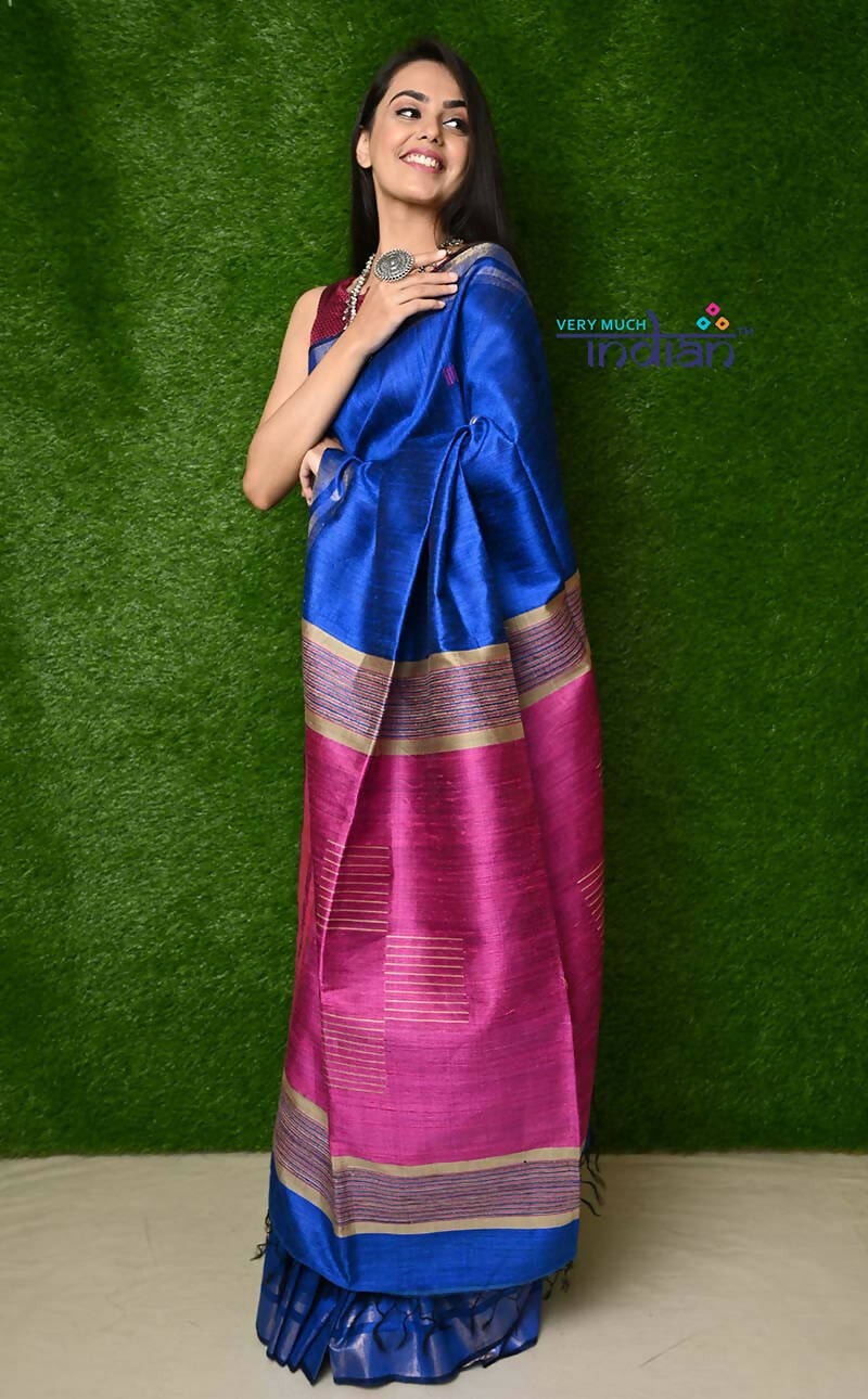 Very Much Indian Handwoven Raw Silk Dupion Saree - Cobalt Blue With Purple Pallu - Distacart