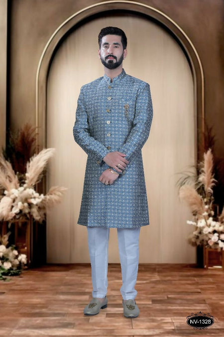 Joban Fashion Men's Blue Brocade Kurta with Pyjama