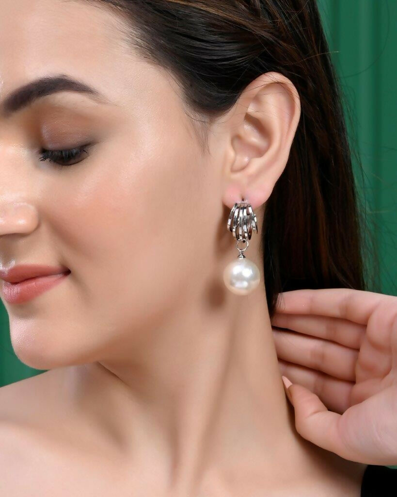 VOJ Set Of 2 Korean Drop Earrings - Gold Plated With Black Pearl and Silver Plated With White Pearl Earrings - Distacart