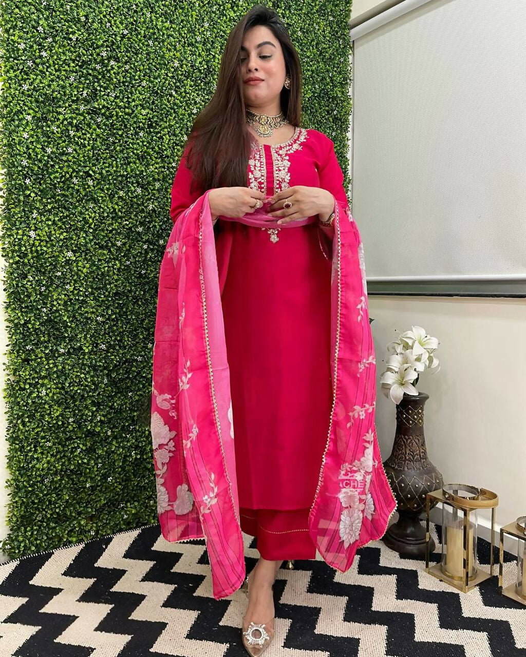 The52 Rani Women's Beautiful Viscose Chanderi Fabric Embroidered Work Straight Kurta Pant and Dupatta Set - Distacart