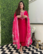 The52 Rani Women's Beautiful Viscose Chanderi Fabric Embroidered Work Straight Kurta Pant and Dupatta Set - Distacart