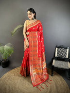 Joban Fashion Carmine Red Geometric Pattern Soft Silk Patola Saree - Distacart