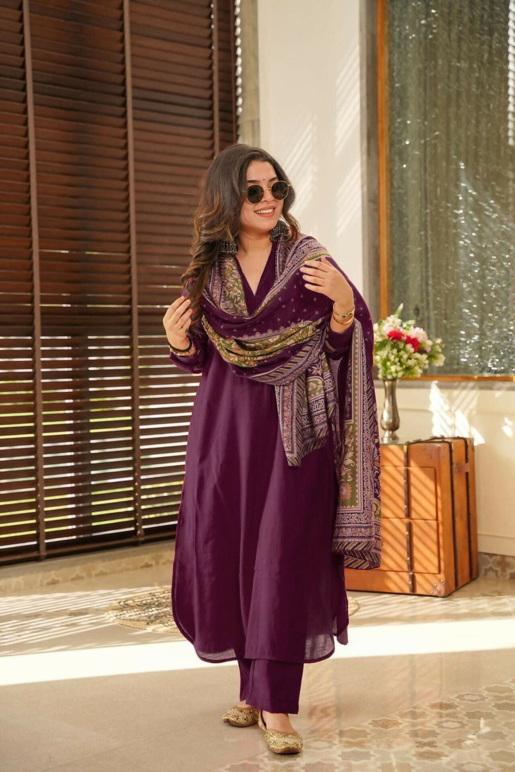 The52 Wine Women's Beautiful South Cotton Fabric Straight Kurta with Pant And Dupatta Set - Distacart