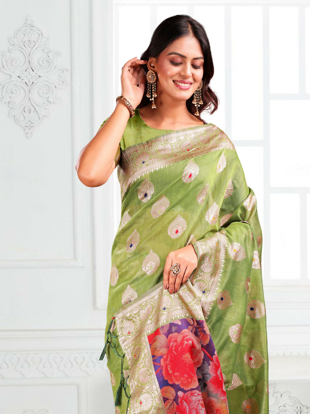 Shree Shyam Fashion Linen Cotton Green Saree - Distacart