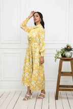 Myshka Women Yellow-Floral Rayon A-Line Shirt Collar Dress - Distacart