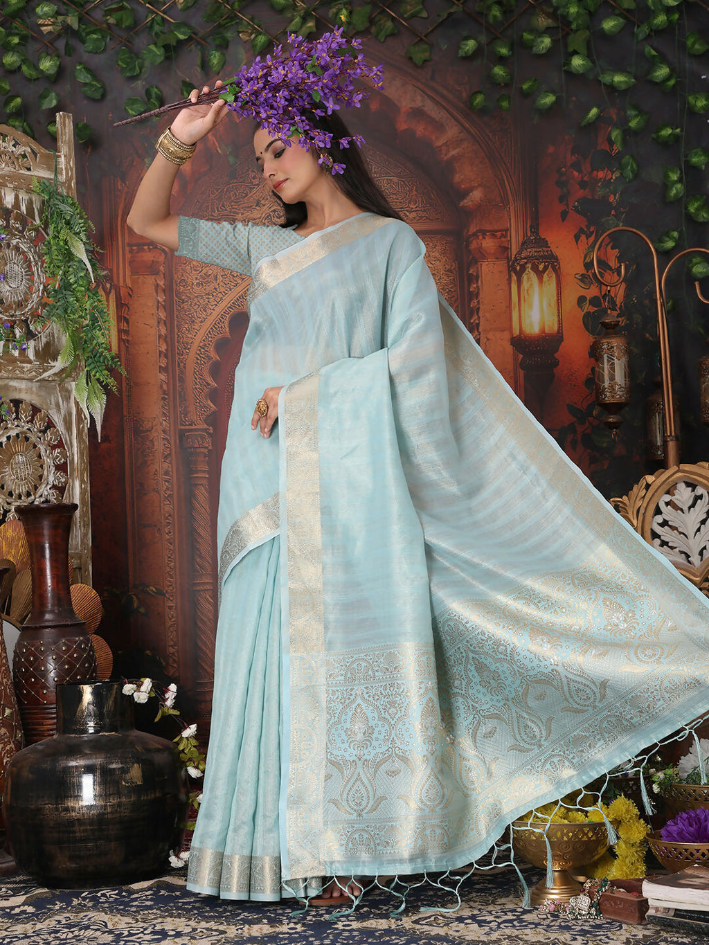 Shree Shyam Fashion Organza Sky Blue Saree - Distacart
