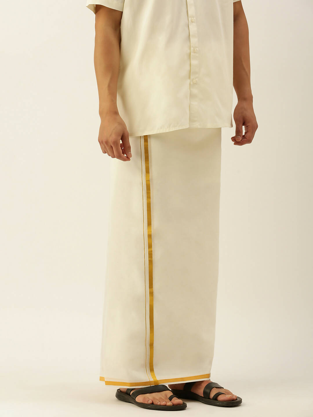 Ramraj Cotton Mens Pure Cotton 1/2 Inch Gold Jari Dhoti - Cream