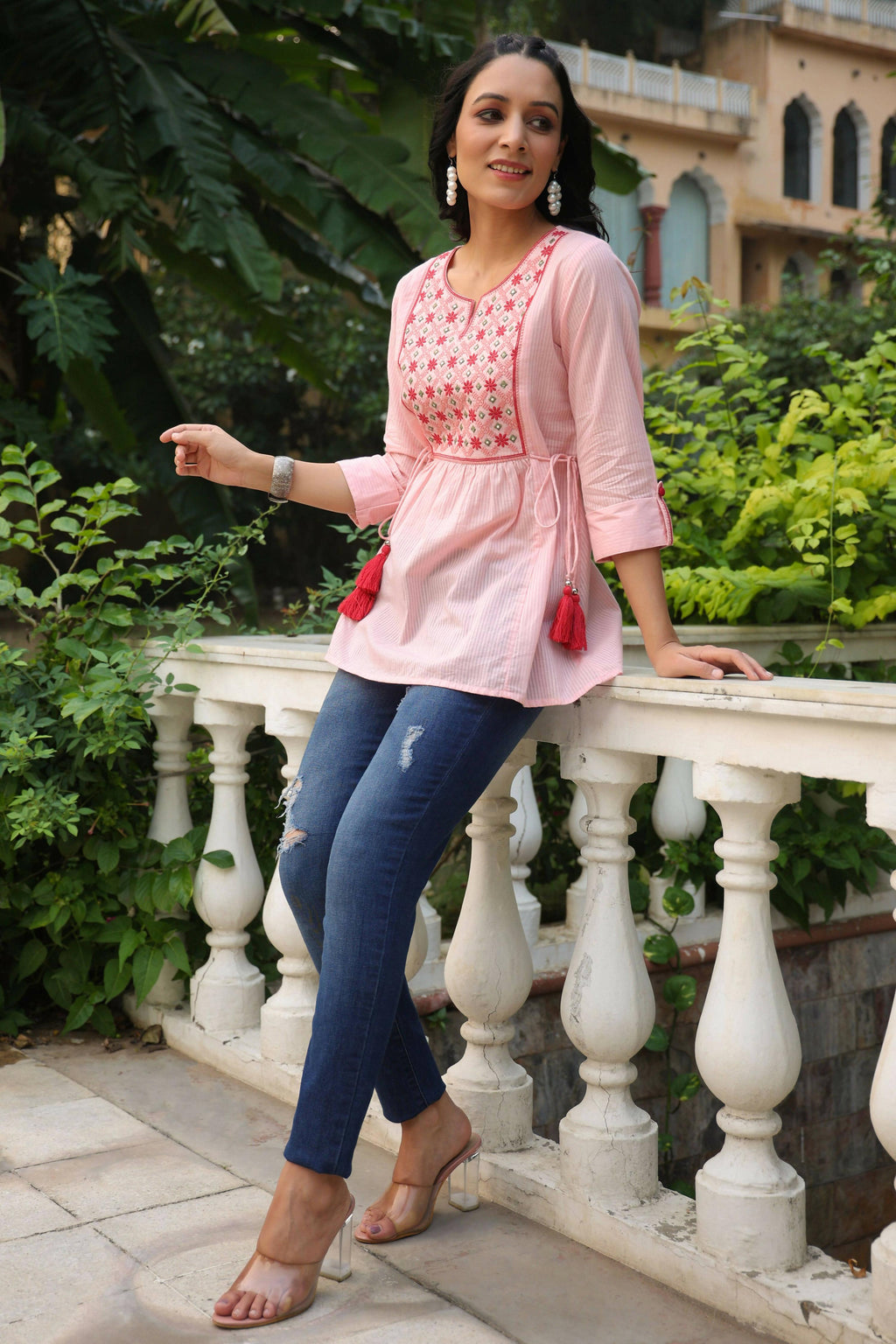 Juniper Women's Peach Cotton Dobby Solid Embroidered Straight Tunic - Distacart