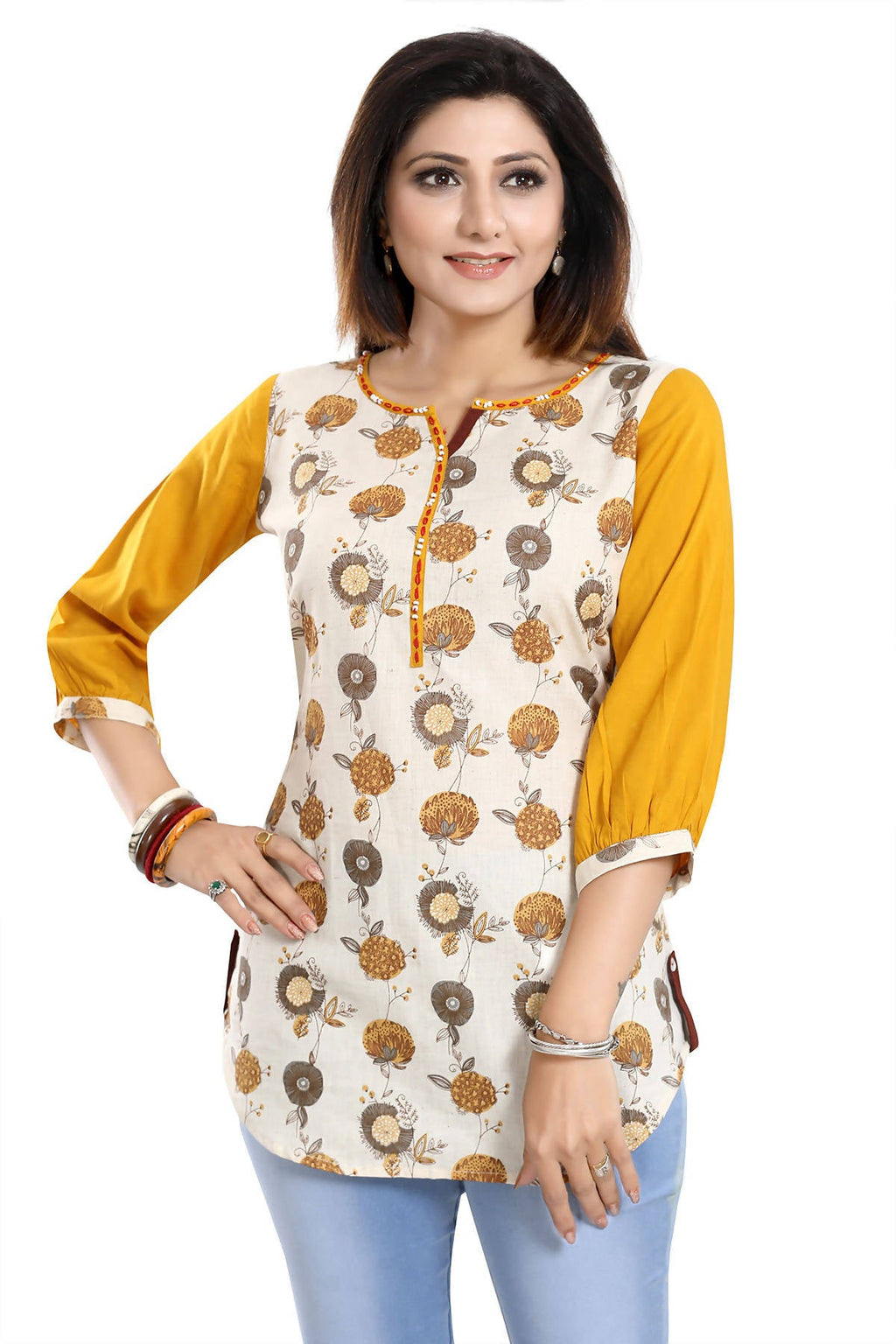 Snehal Creations Cream Cotton Printed Apple-Cut Short Tunic - Distacart