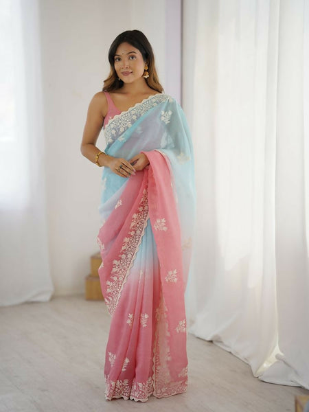 Rust Crunchy Silk Embroidery Work Party Wear Saree - Lakshita