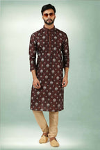 Raivat Ethnic Art Silk Printed Work Kurta Pajama In Brown Colour