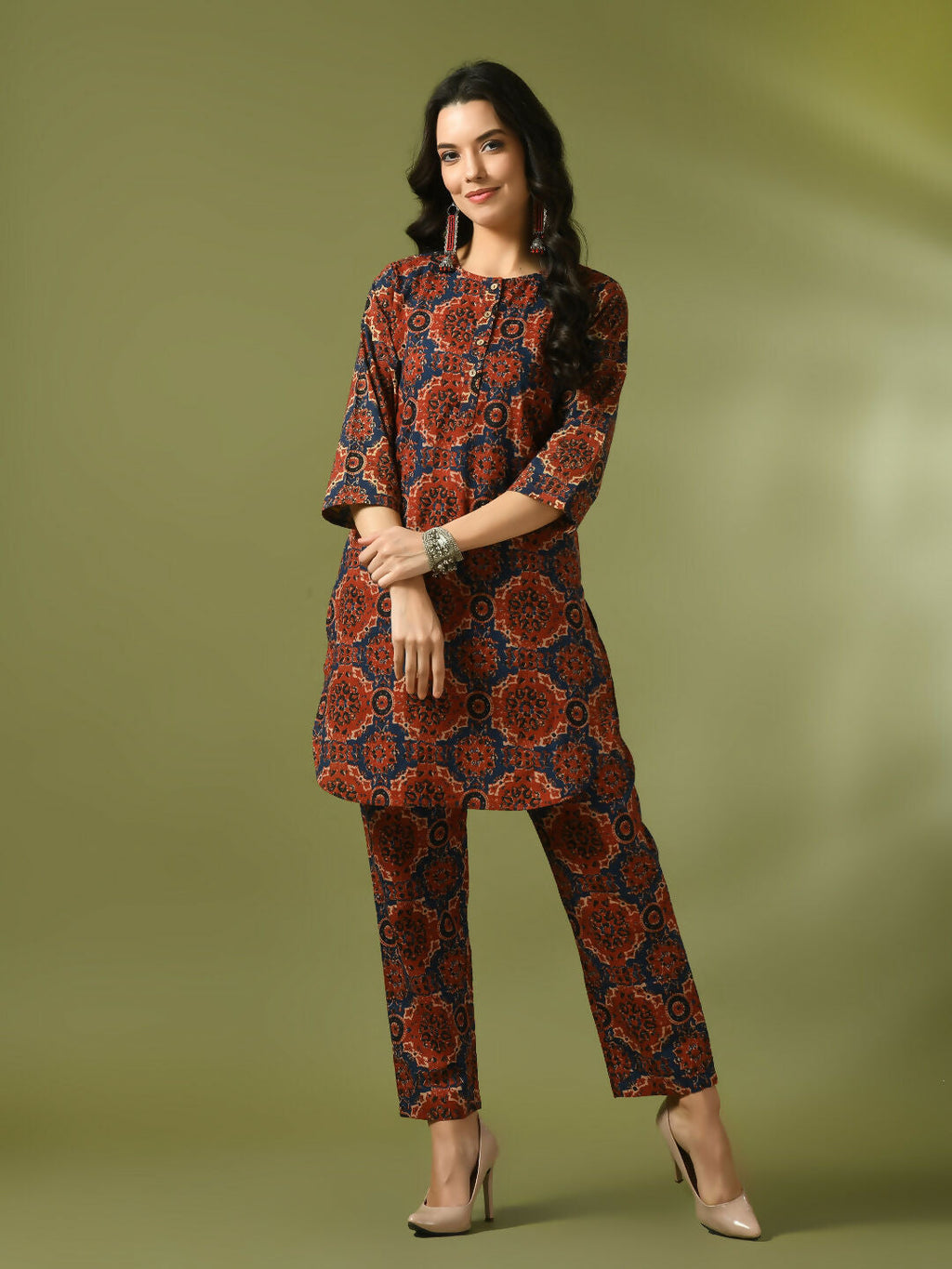 Myshka Women's Multi Printed Cotton Round Neck Party Tunic With Trousers Co-ord set
