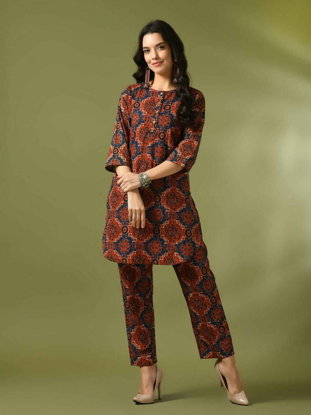 Myshka Women's Multi Printed Cotton Round Neck Party Tunic With Trousers Co-ord set