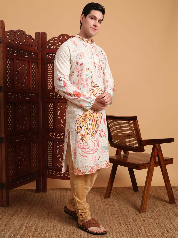 Off White Cotton Printed Chikankari Embroidery Work Kurta - Mahotsav