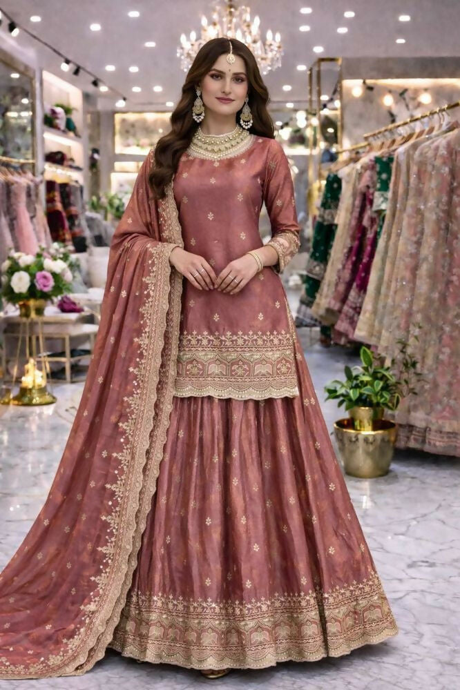 Teeya Creation Onion Color Fendy Satin Heavy Embroidery Work Wedding Wear Stitched Lehenga Choli - Distacart