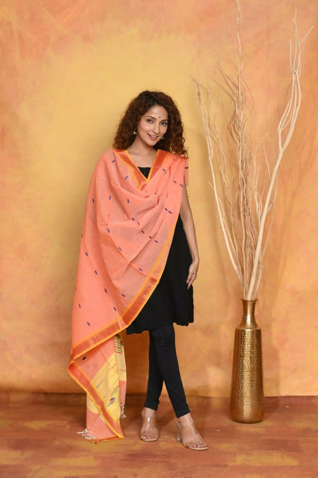 Very Much Indian Handloom Pure Cotton Paithani Dupatta Orange
