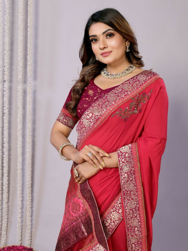Pink Dual Tone Silk Georgette Thread Zari And Cord Embroidery Handwork Butta Saree - Norita Saumya