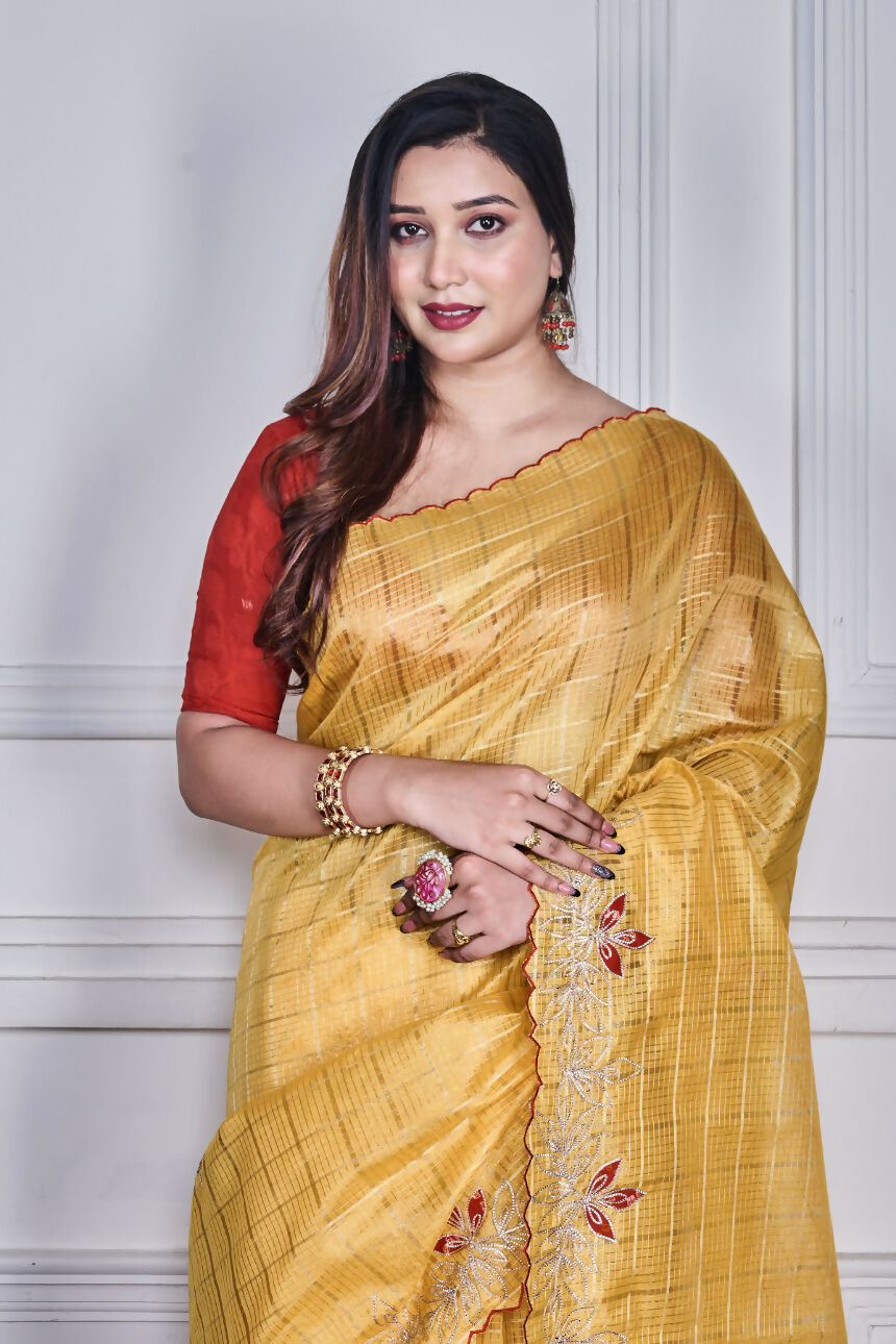 Morchari Yellow Kota Check Zari Embroidery Saree Unstitched Blouse - Distacart