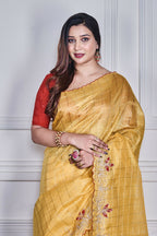 Morchari Yellow Kota Check Zari Embroidery Saree Unstitched Blouse - Distacart