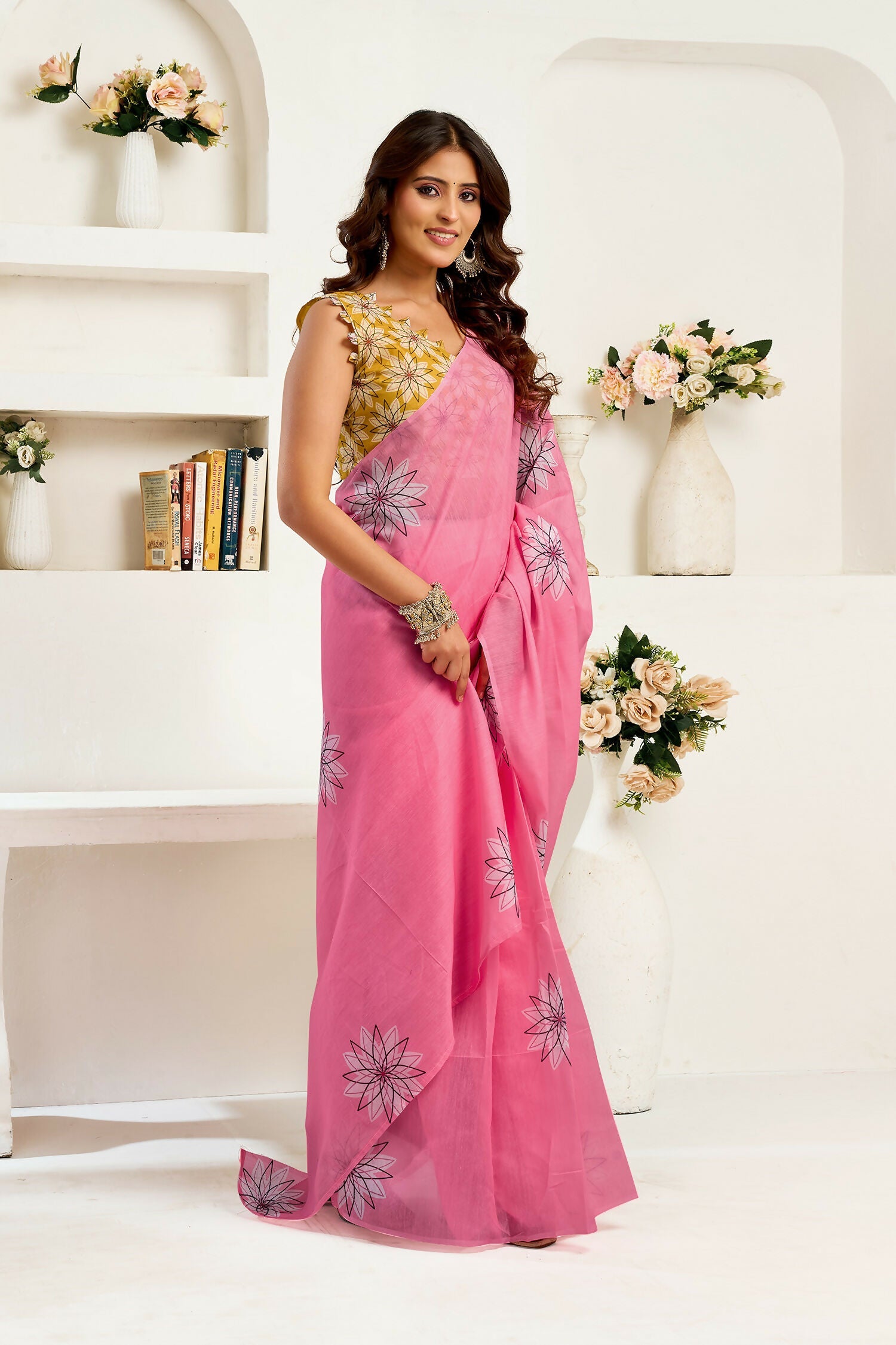 Joban Fashion Baby Pink Geomatric Linen Ready To Wear Saree With Unstitched Blouse - Distacart