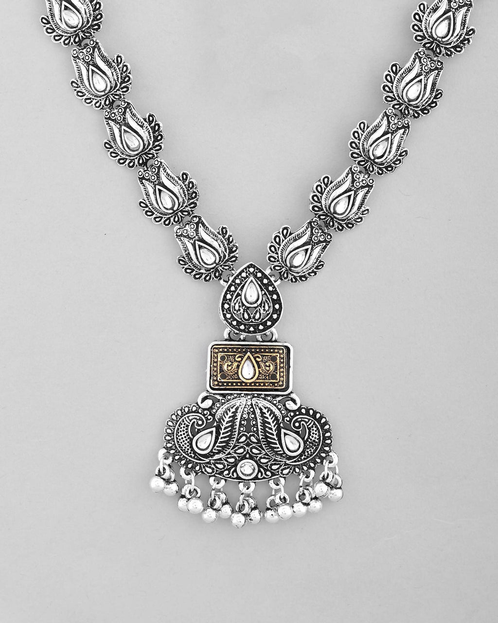 VOJ Dual Toned Oxidized Necklace With Earrings Set