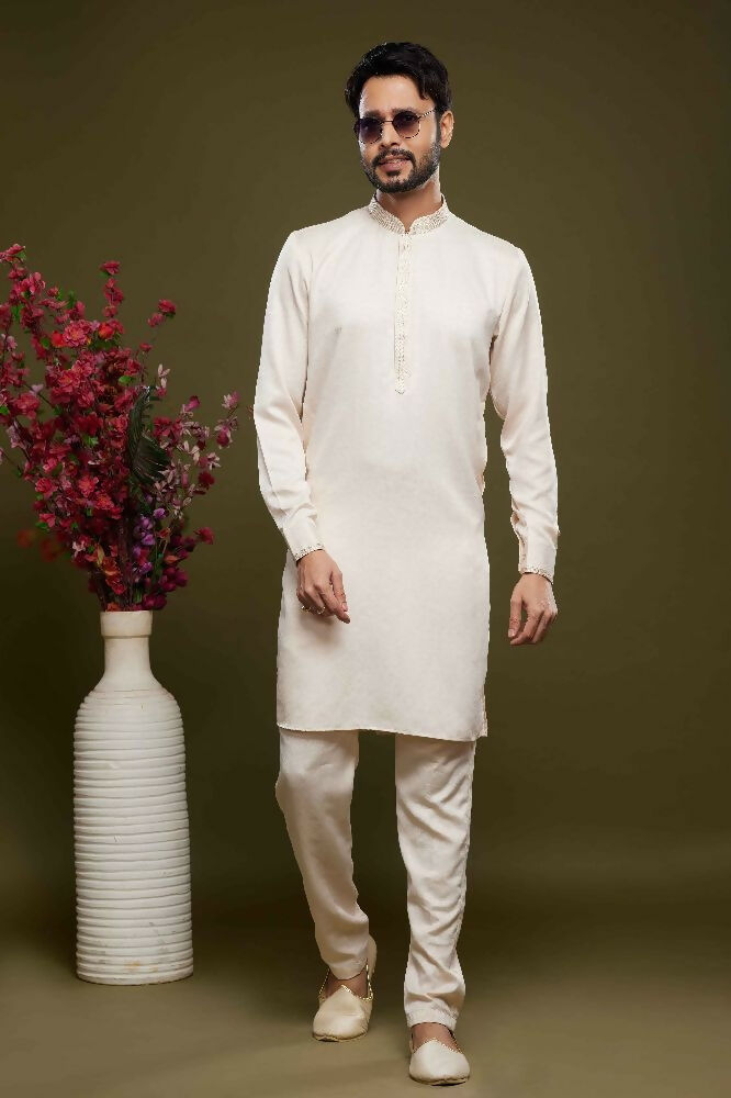 Raivat Ethnic Art Banarasi Silk Thread Work Kurta Pajama In Cream Colour