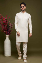 Raivat Ethnic Art Banarasi Silk Thread Work Kurta Pajama In Cream Colour