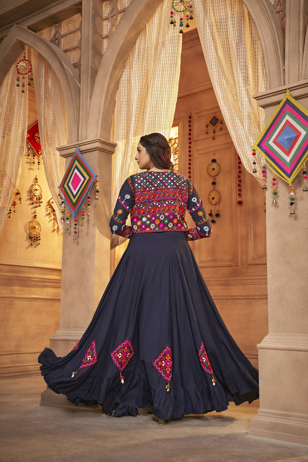 Navy Blue Viscose Rayon Thread Embroidered Work With Mirror All Over Navratri Lehenga Choli With Dupatta - Raas