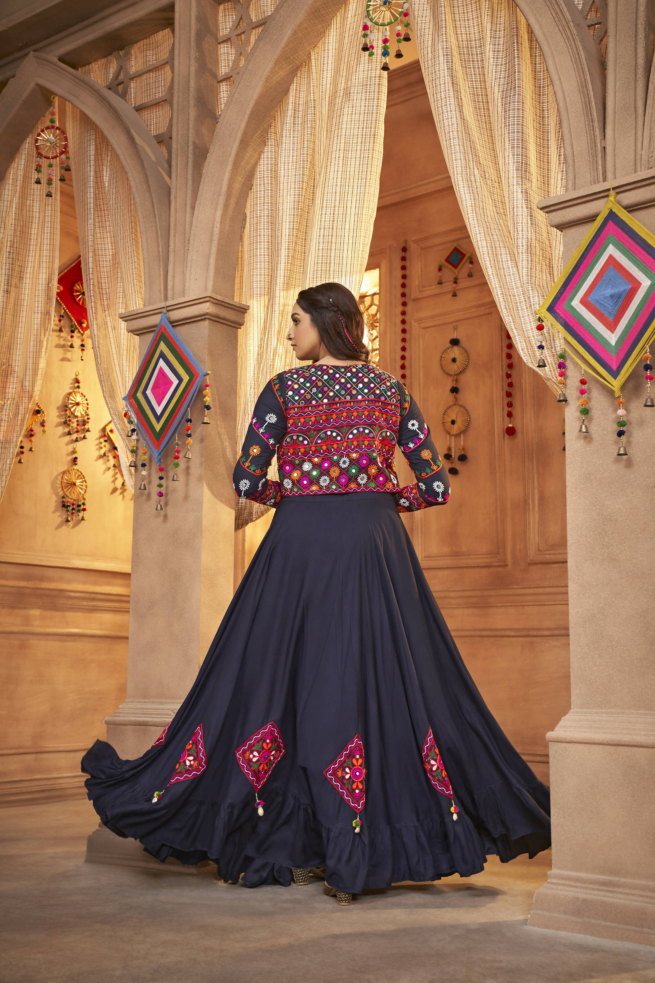 Navy Blue Viscose Rayon Thread Embroidered Work With Mirror All Over Navratri Lehenga Choli With Dupatta - Raas