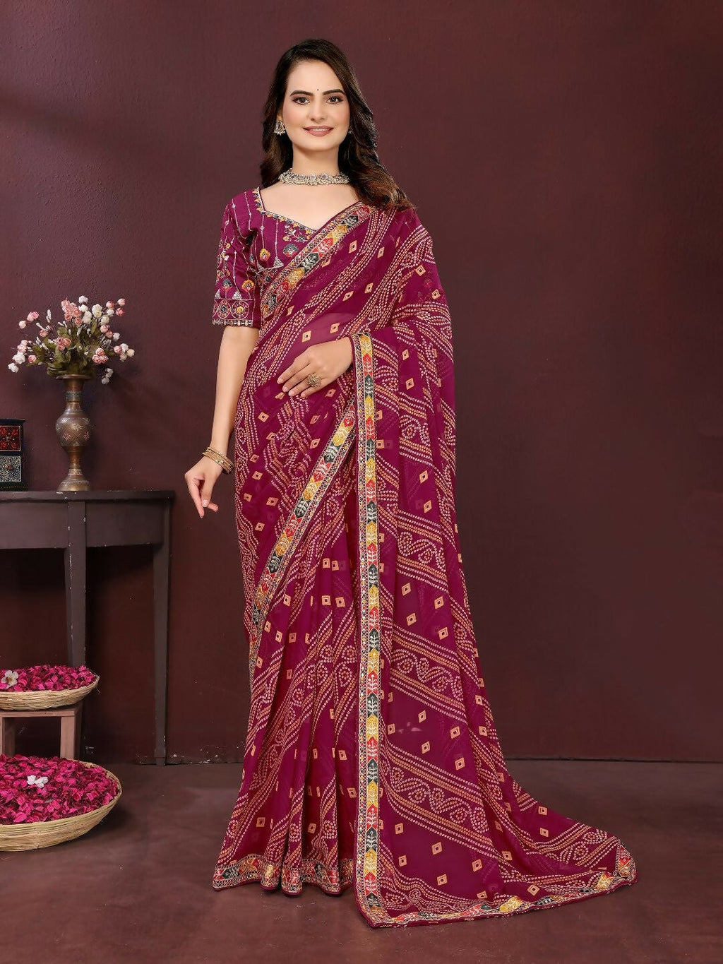 Ai Fashion Wine Georgette Digital Print Party Wear Saree - Distacart