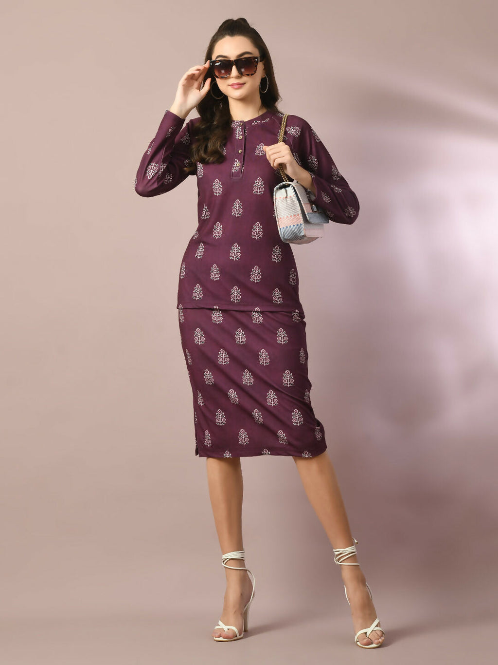 Myshka Women's Magenta Printed Round Neck Party Top With Skirt Co-ord set