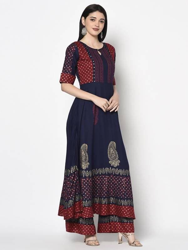 Aniyah Rayon Navy Blue Color Block Print Anarkali Palazzo Set (AN-176K)