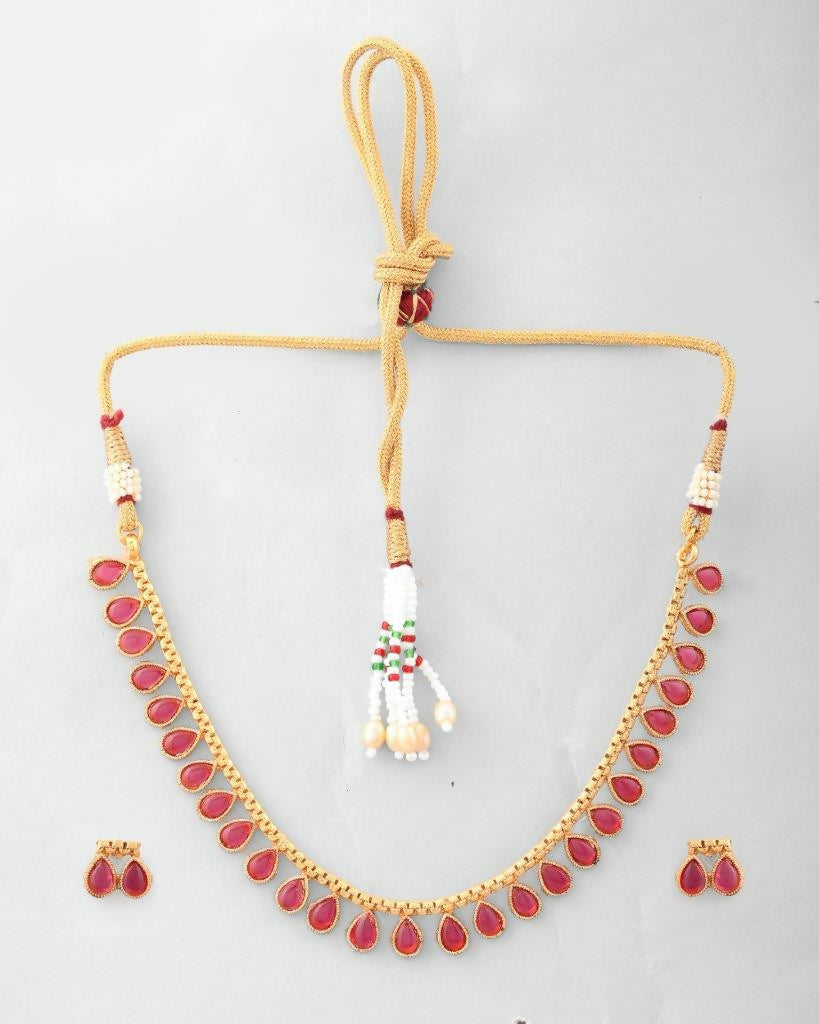 VOJ Gold-Polished Maroon Stone Studded Jewellery
