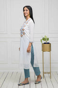 Myshka Women Solid Georgette Straight V-Neck White Kurtas - Distacart