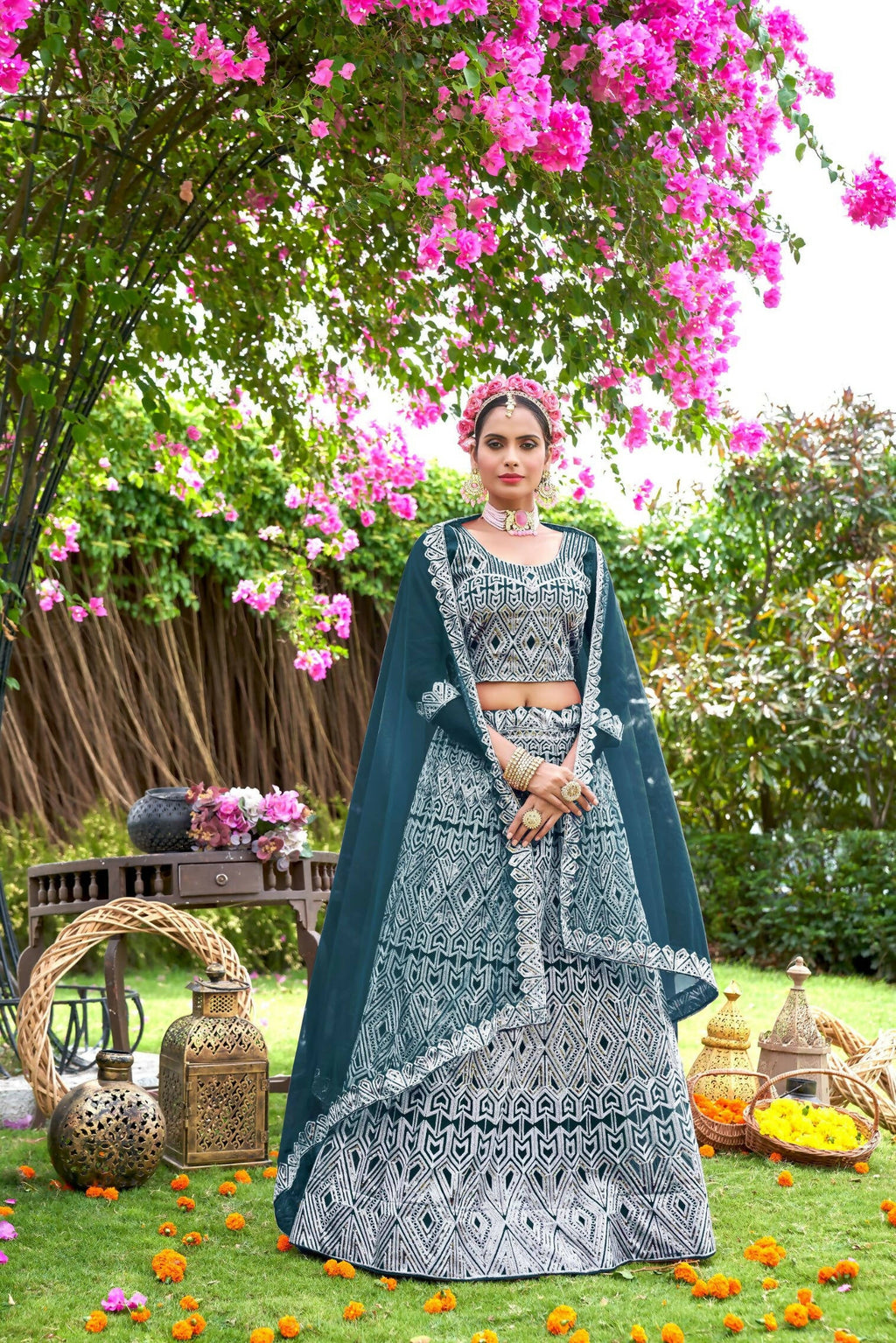 Teal Net Embroidered Semi Stitched Lehenga Choli with Dupatta - Bhagya
